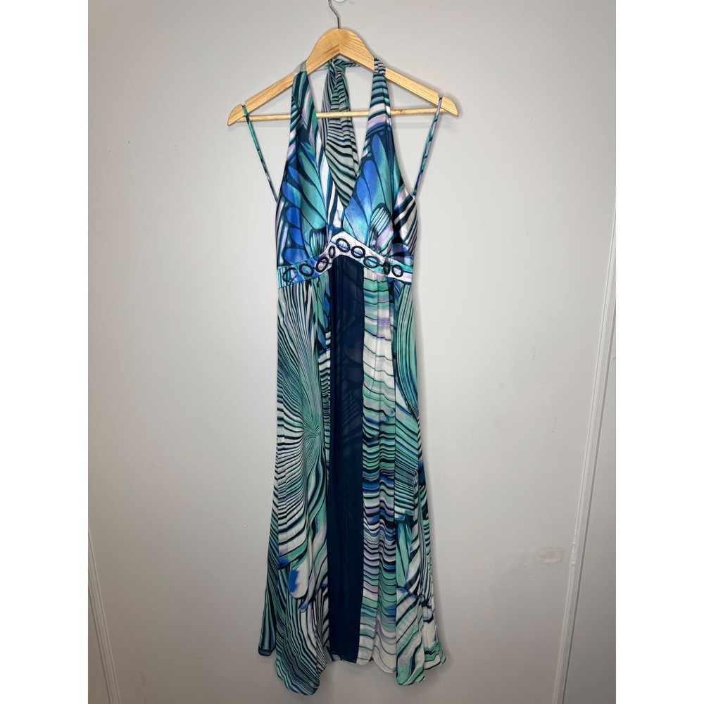 Y2K VTG Bethany Blue Teal Butterfly Print Halter Maxi Dress Ring Detail Size 10